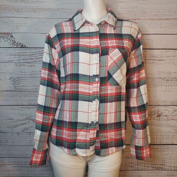 NWT Womans Aerie White/Red/Green Plaid Flannel Pajama Top - Picture 2 of 14
